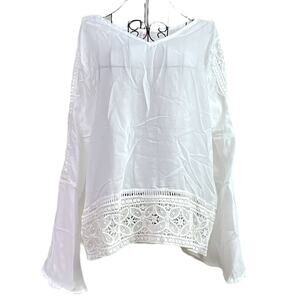 Exquisite Semi-Sheer Tunic Top Lace Bell Sleeves V-Neck White